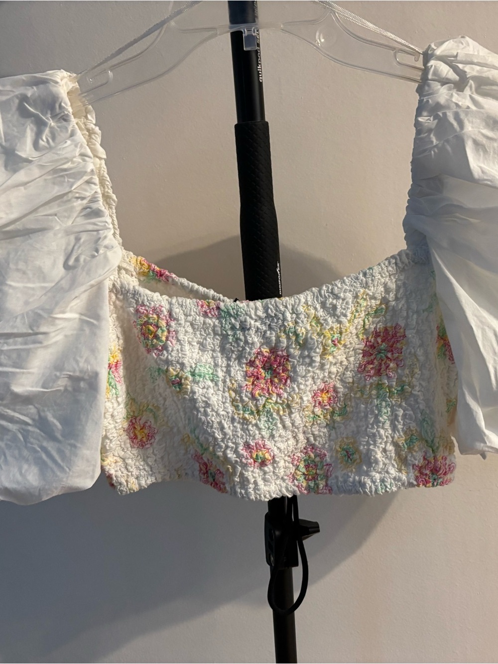 Zara White Off-Shoulder Smocked Crop Top with Pink Floral Accents - Picture 3 of 6